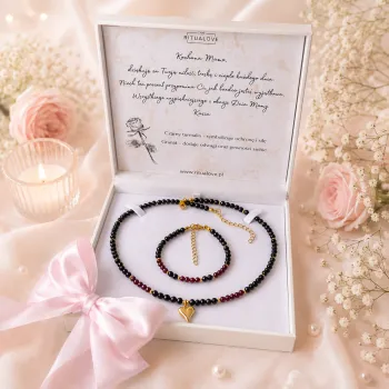 Komplet Biżuterii dla Kobiety w Eleganckim Pudełku Premium – Naszyjnik i bransoletka Czarny Turmalin i Granat